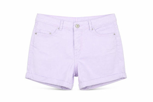 Front view of Denim CO women’s purple cut-off shorts, size UK 6