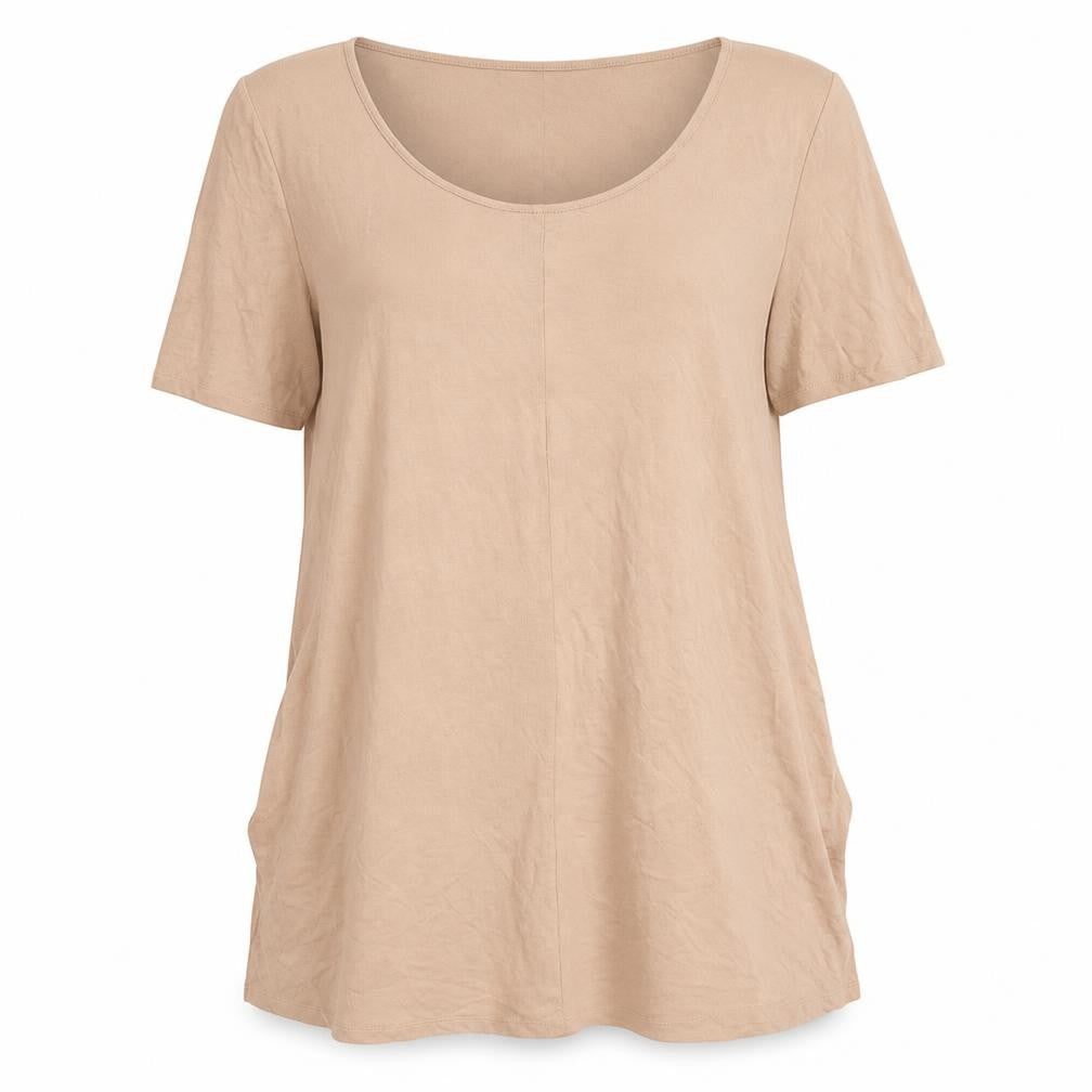 Front view of ASOS women’s beige tunic t-shirt, size UK 12