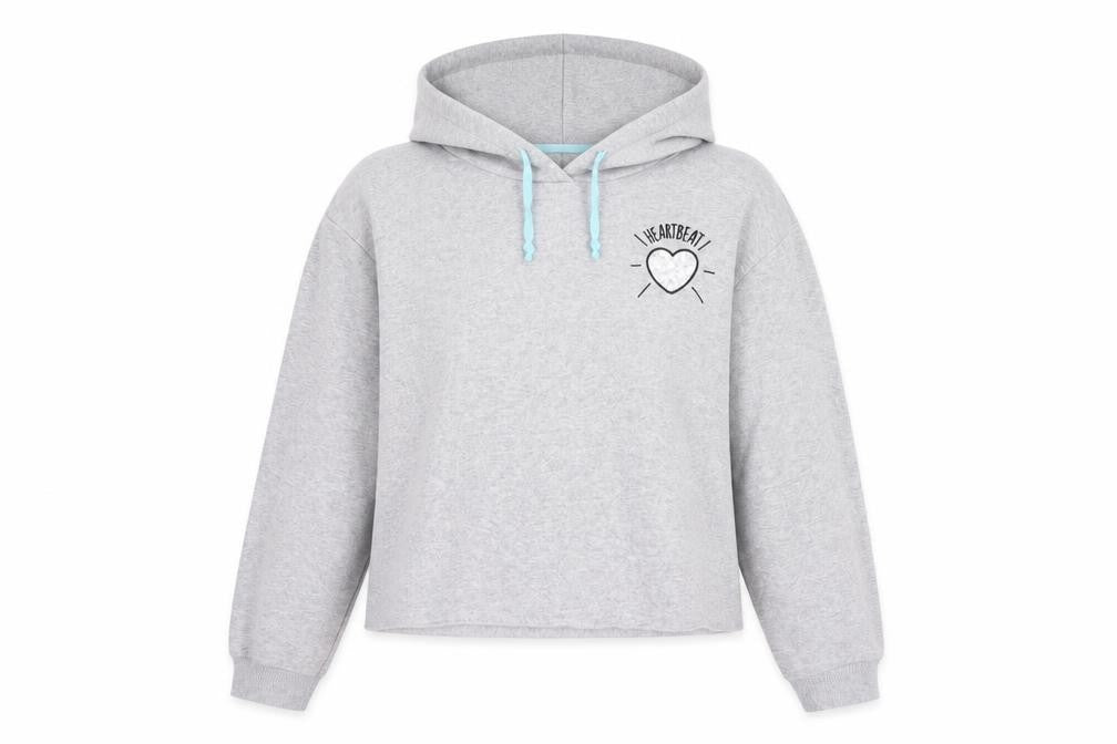 Front view of sugar dust women’s grey pullover hoodie, size L