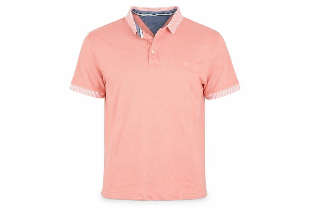 Front view of Lincoln men’s pink polo, size L, - coral coloured