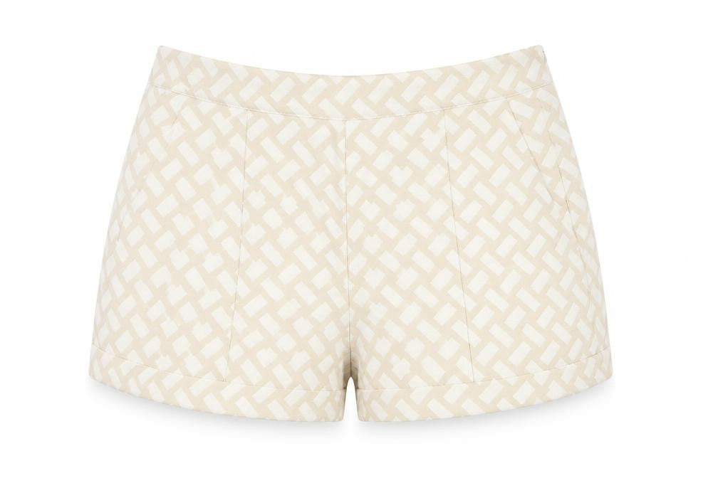 Front view of Missguided women’s beige hot pants shorts, size UK 8