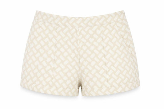 Front view of Missguided women’s beige hot pants shorts, size UK 8