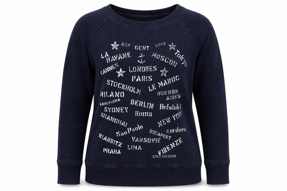 Front view of J Crew women’s blue pullover sweatshirt, size XS, - cities