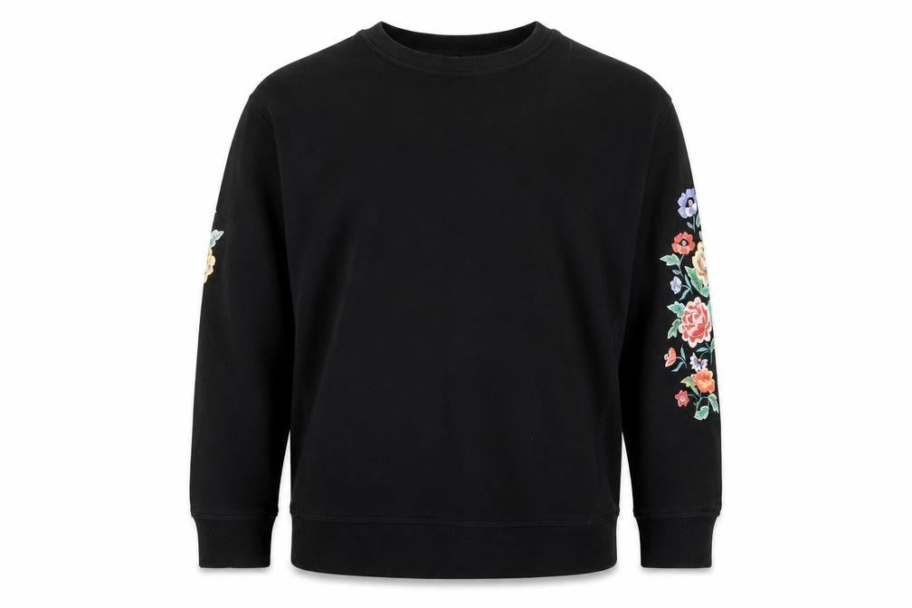 Front view of New Look women’s black floral pullover sweatshirt, size UK 8