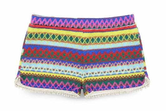 Front view of Sure Gypsy women’s multicoloured geometric hot pants shorts, size UK 28, in
