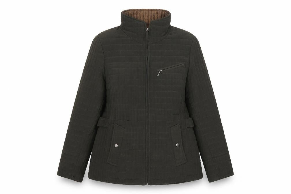 Front view of Gallery women’s green quilted coat, size S