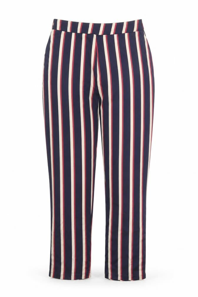 Front view of PRETTYLITTLETHING women’s blue striped trousers, size UK 8, 29-inch leg