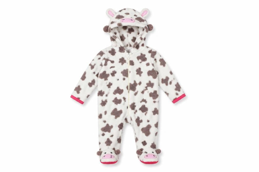 Front view of Early Days girls’ white animal print kaftan one piece, size 0-3, months - cow