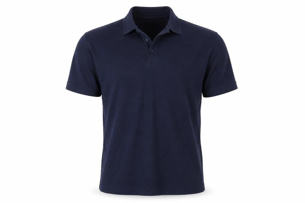 Front view of Heritage men’s blue polo, size L