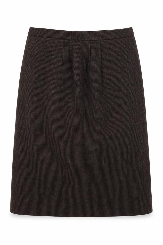 Front view of Preworn women’s brown a-line skirt, size UK 34, in