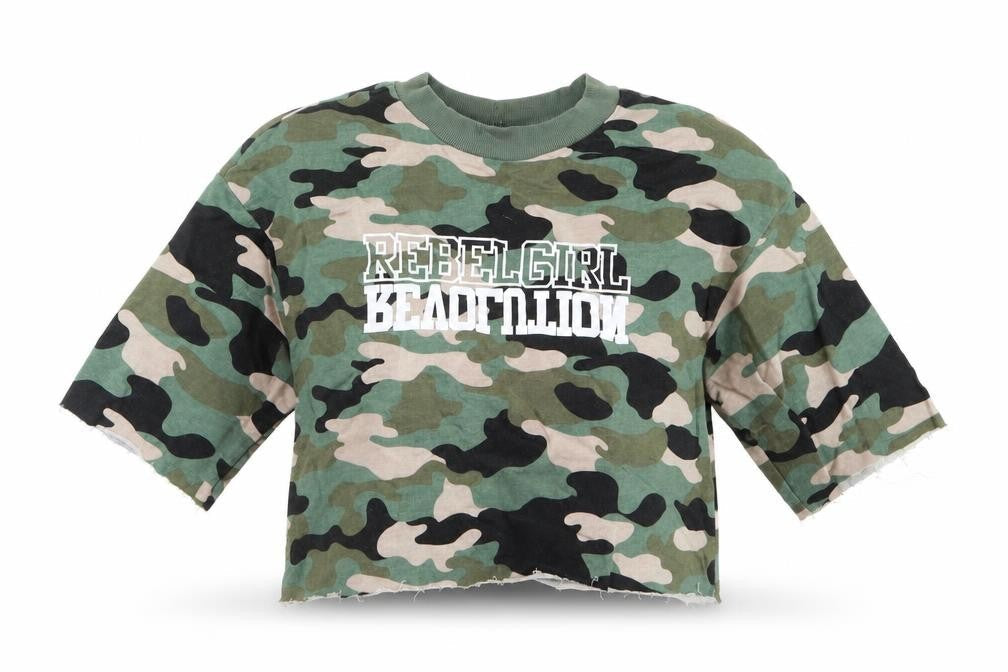 Front view of Divided by H&M women’s green camouflage jersey pullover sweatshirt, size XS, - cropped