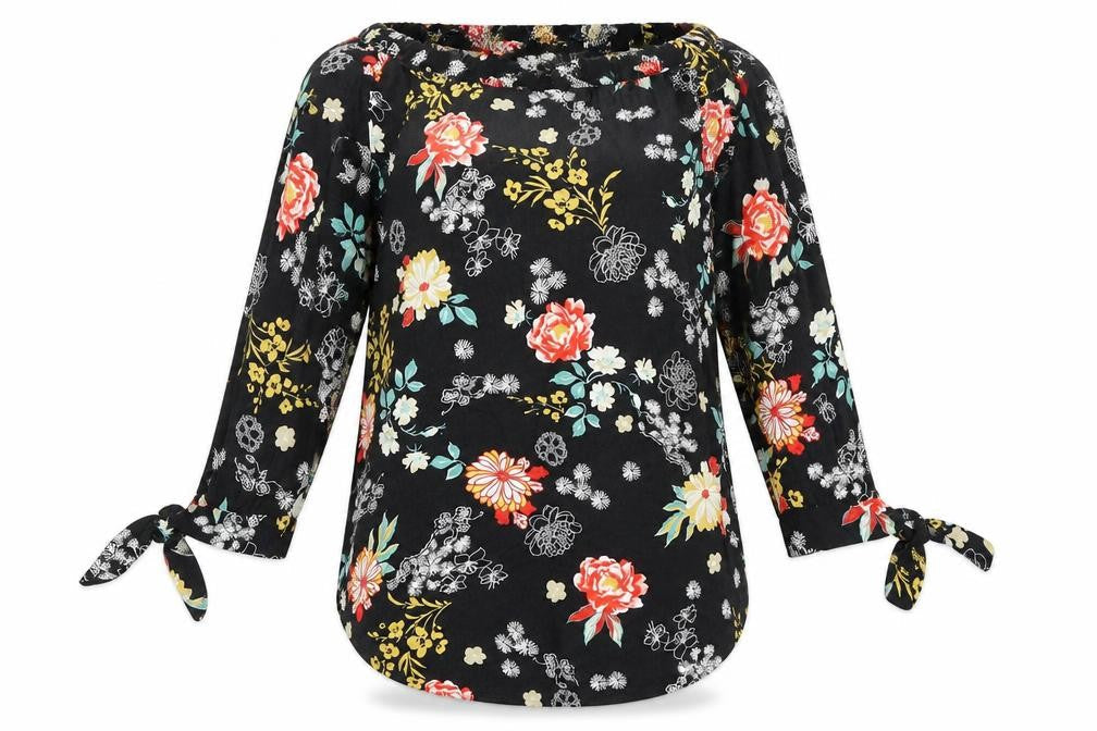 Front view of Piano C women’s black floral basic blouse, size L