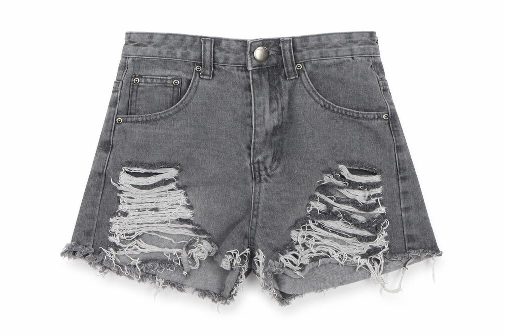 Front view of PRETTYLITTLETHING women’s grey cut-off shorts, size UK 6
