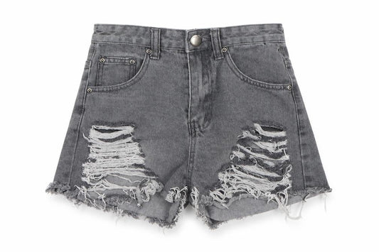 Front view of PRETTYLITTLETHING women’s grey cut-off shorts, size UK 6