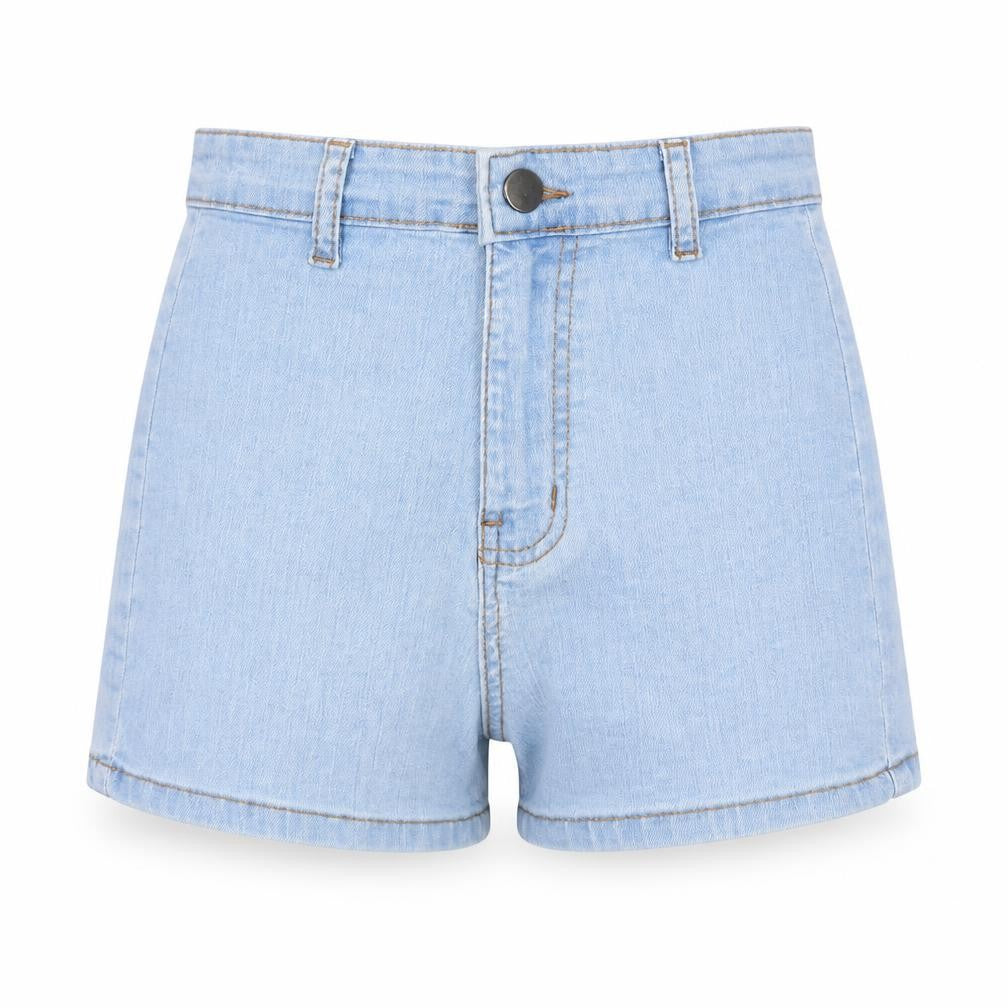 Front view of PRETTYLITTLETHING women’s blue cut-off shorts, size UK 4