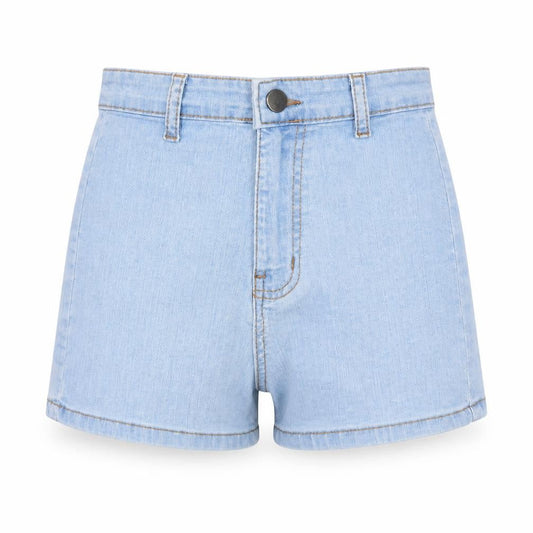 Front view of PRETTYLITTLETHING women’s blue cut-off shorts, size UK 4