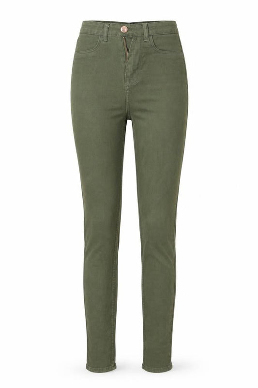 Front view of diveided women’s green denim skinny jeans, size UK 4, 28-inch leg