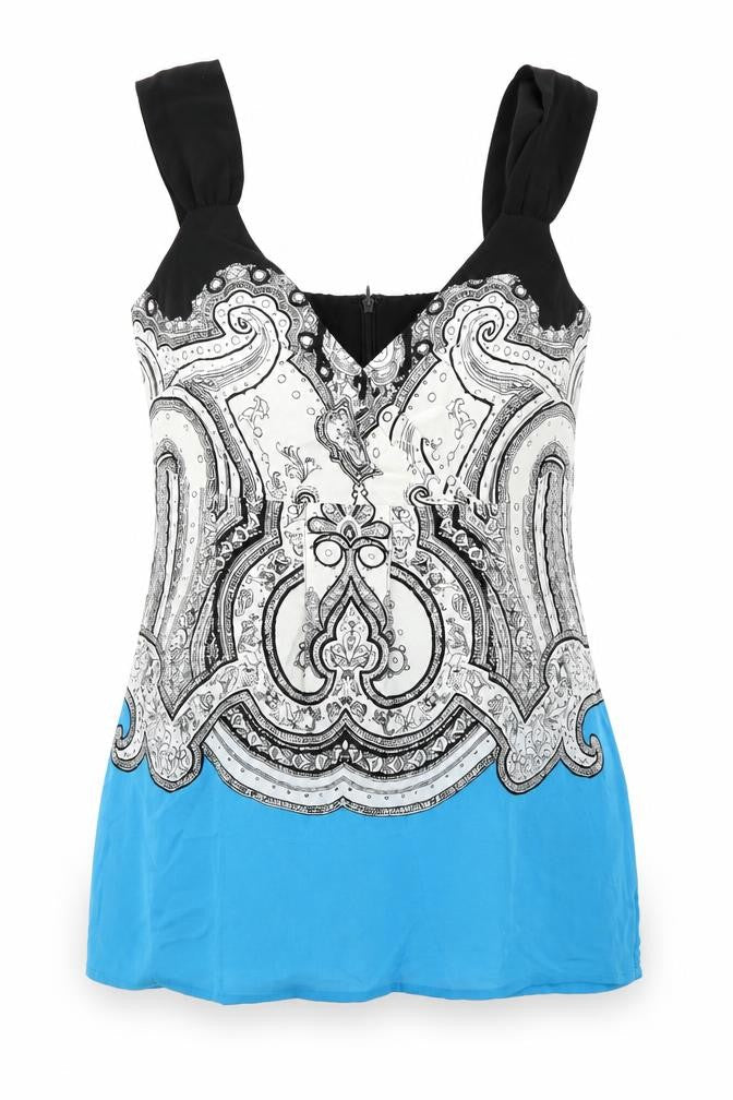 Front view of Beth Bowley women’s blue tunic blouse, size UK 6