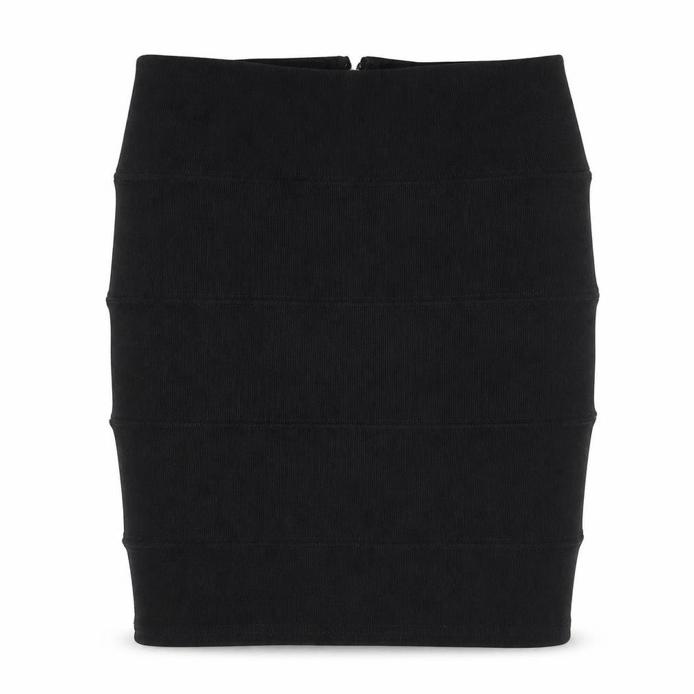 Front view of Preworn women’s black mini skirt, size UK 8