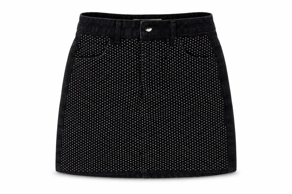 Front view of Topshop women’s black denim mini skirt, size UK 8