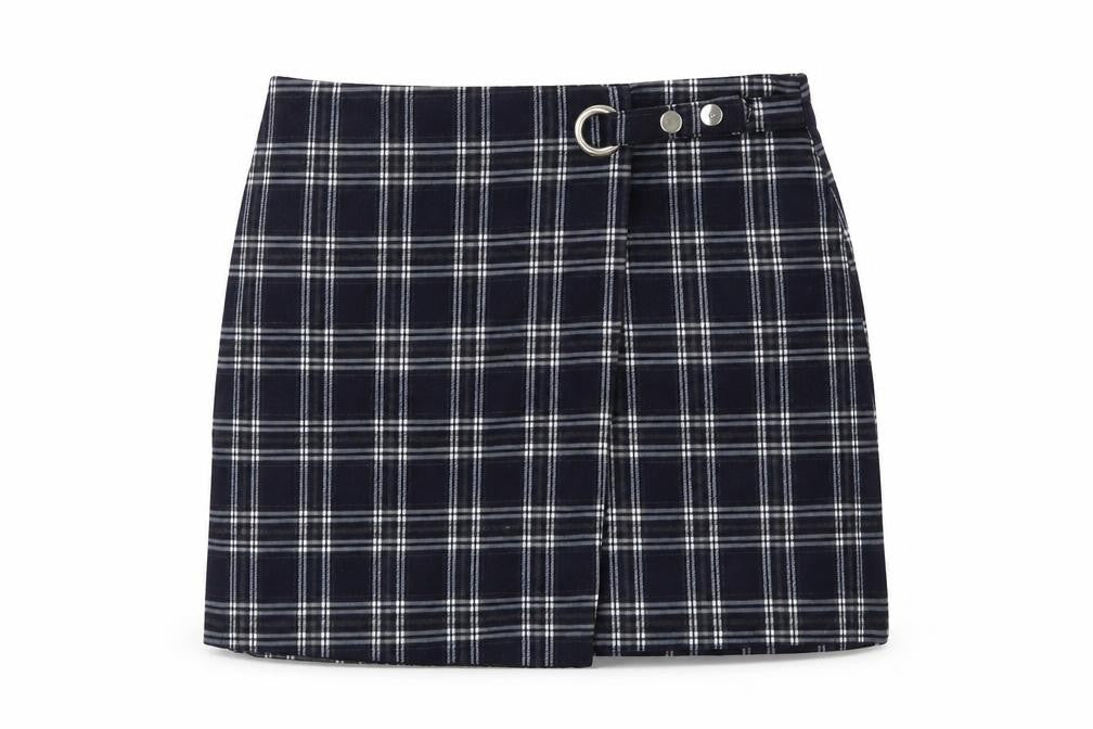 Front view of Preworn women’s blue check mini skirt, size UK 27, in