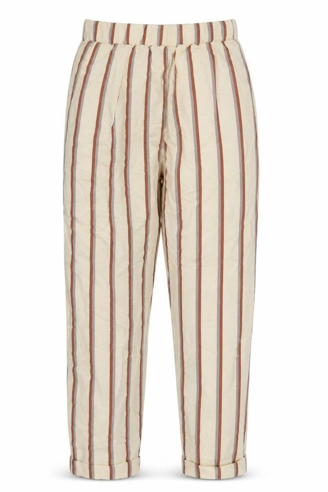 Front view of Preworn women’s beige striped trousers, size M, 28-inch leg