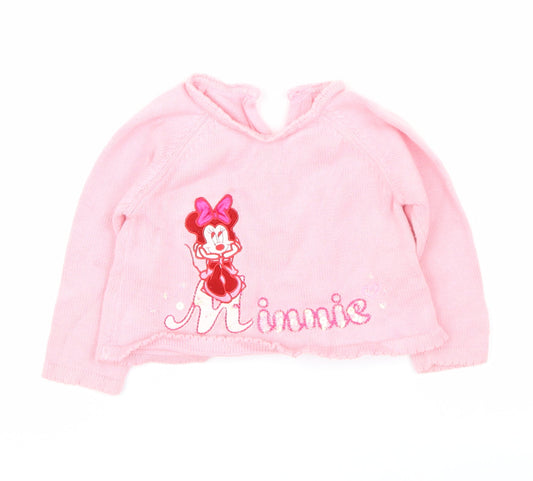 Front view of Marks & Spencer Pink Cardigan Jumper, size 12-18, Months - minnie mouse