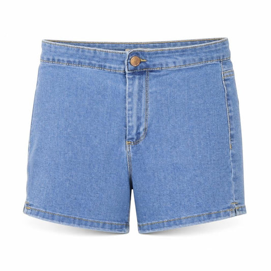 Front view of denim co women’s blue denim hot pants shorts, size UK 8