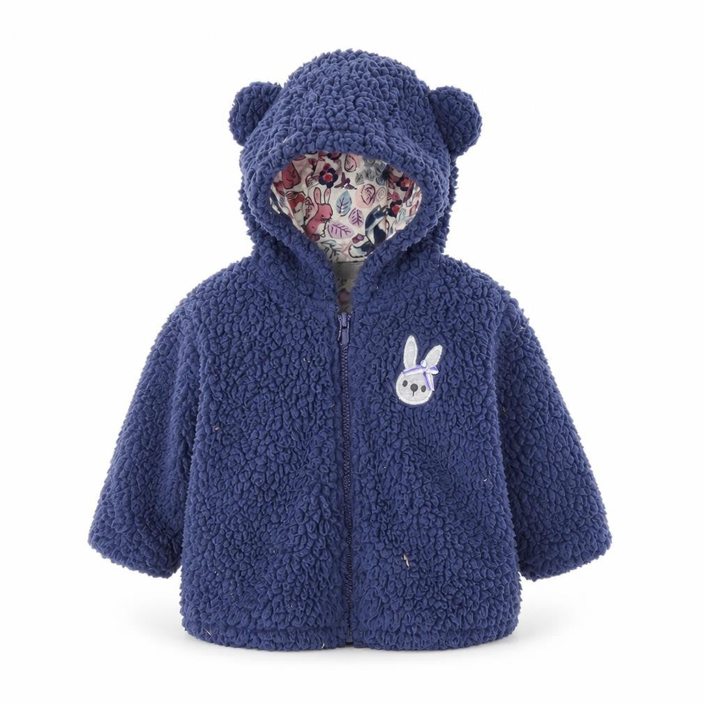 Front view of Next girls’ blue fleece jacket, size 0-3, months - rabbit