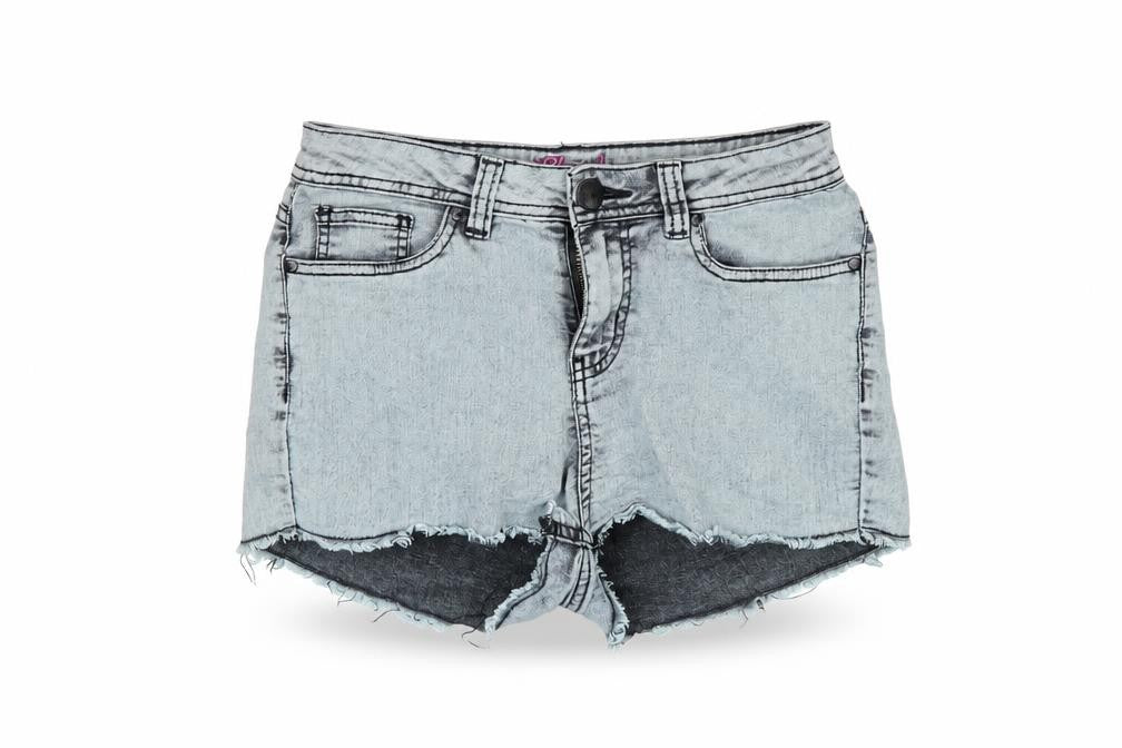 Front view of denim co women’s grey denim hot pants shorts, size UK 10