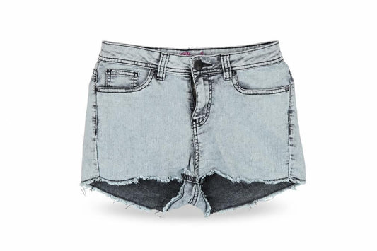Front view of denim co women’s grey denim hot pants shorts, size UK 10