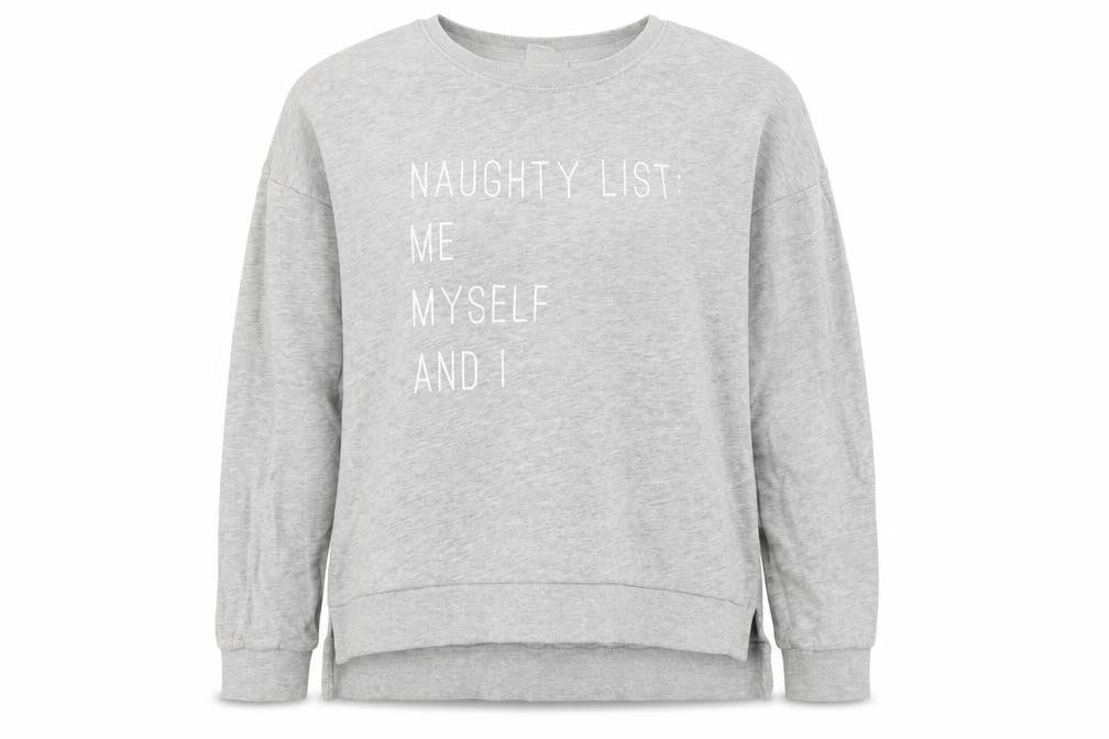 Front view of Only women’s grey jersey pullover sweatshirt, size S, - naughty list