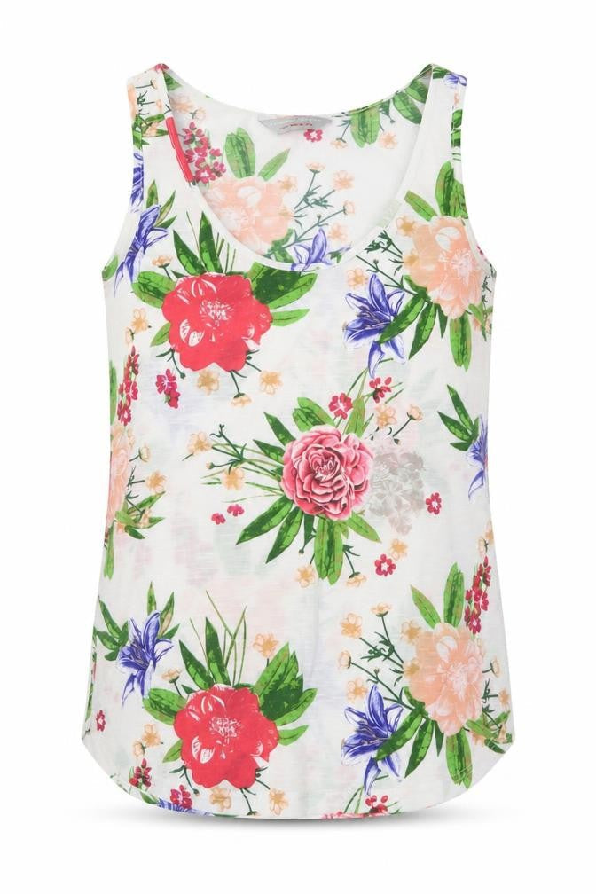 Front view of dorophy perkins women’s white floral basic tank, size UK 6