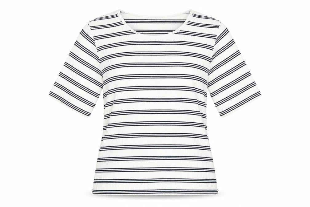 Front view of Swell women’s white striped basic t-shirt, size UK 12