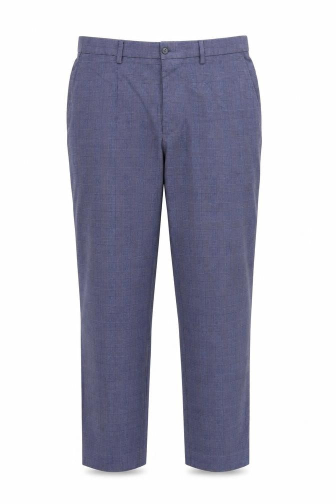 Front view of Marks & Spencer men’s blue check rayon dress pants trousers, 31-inch leg