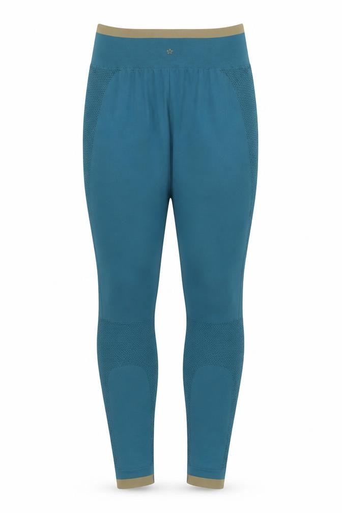 Front view of Preworn women’s blue compression leggings, 27-inch leg