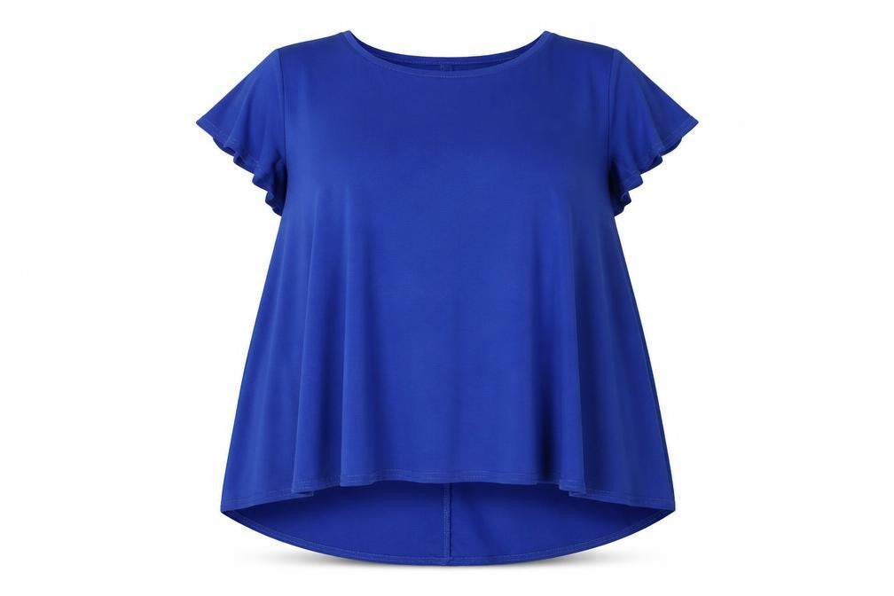 Front view of styled by women’s blue basic t-shirt, size M