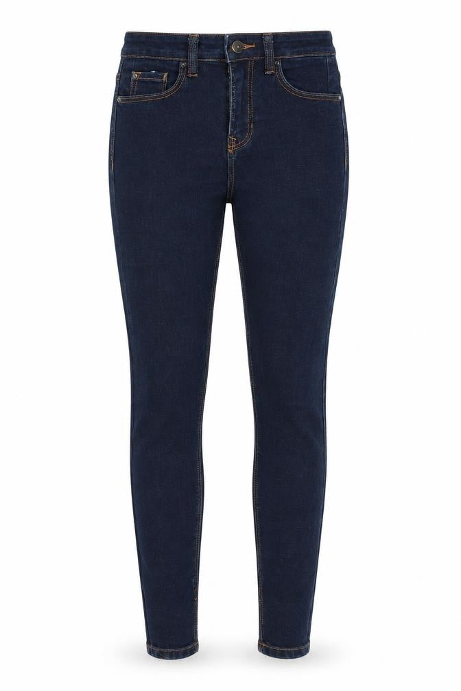 Front view of Stradivarius women’s blue denim skinny jeans, size UK 4, 27-inch leg - super high waist