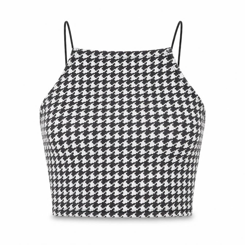 Front view of miss guided women’s black check basic t-shirt, size UK 10