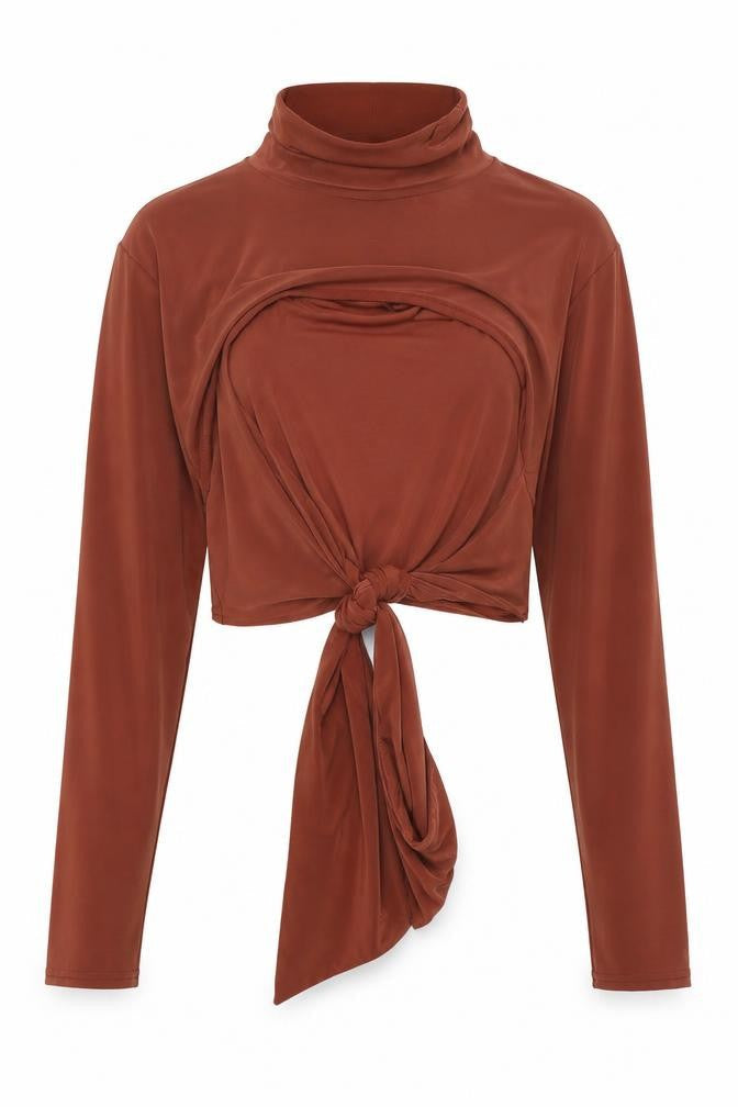 Front view of PRETTYLITTLETHING women’s brown cropped blouse, size UK 10