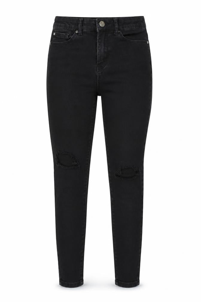 Front view of Denim Co women’s black denim skinny jeans, size UK 12, 25-inch leg - ripped knees