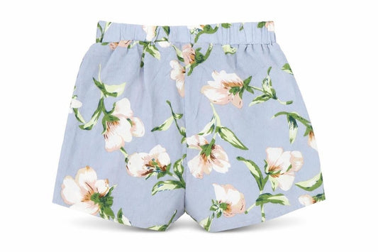 Front view of Preworn women’s purple floral hot pants shorts, size S