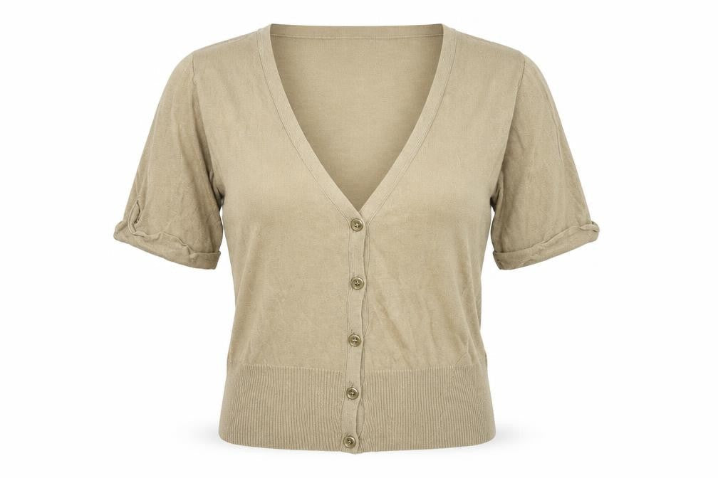 Front view of River Island women’s beige knit cardigan jumper, size UK 14