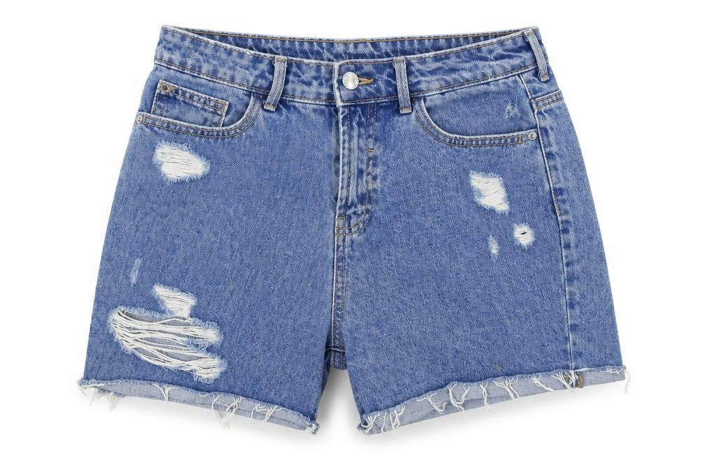 Front view of Denim Pimkie women’s blue cut-off shorts, size S