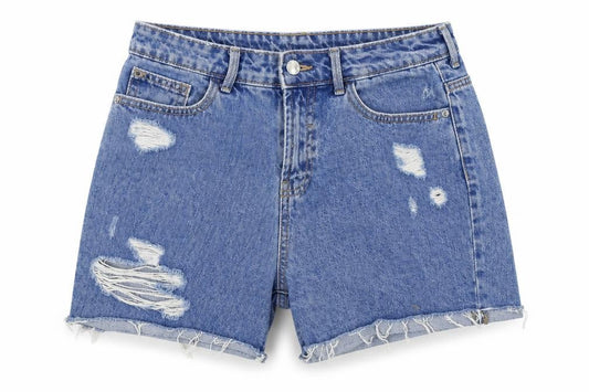 Front view of Denim Pimkie women’s blue cut-off shorts, size S