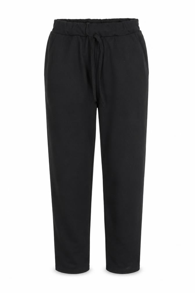 Front view of Preworn women’s black sweatpants, size S, 22-inch leg