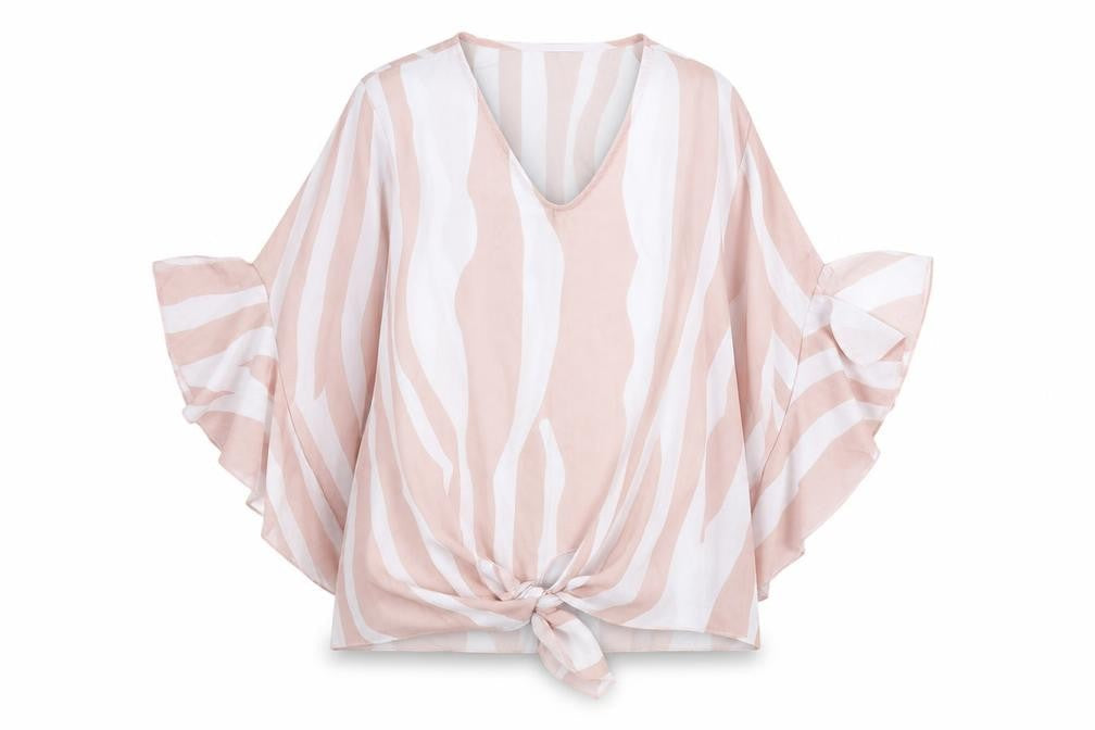 Front view of Preworn women’s pink animal print basic blouse, size M