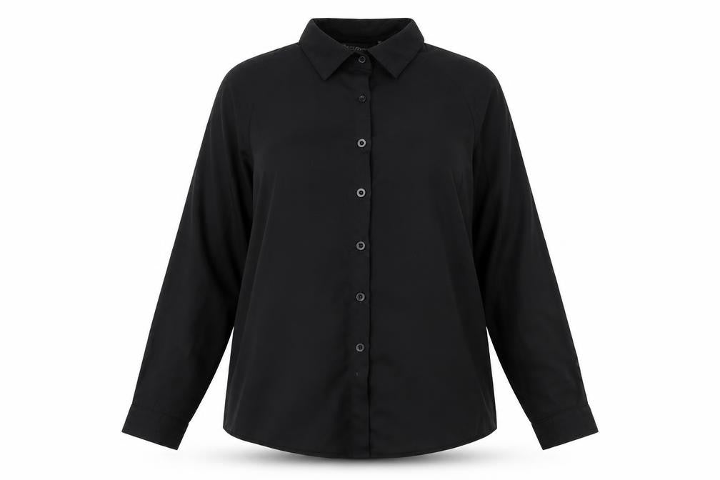 Front view of Zanzea women’s black basic blouse, size UK 10, - cut out shoulder