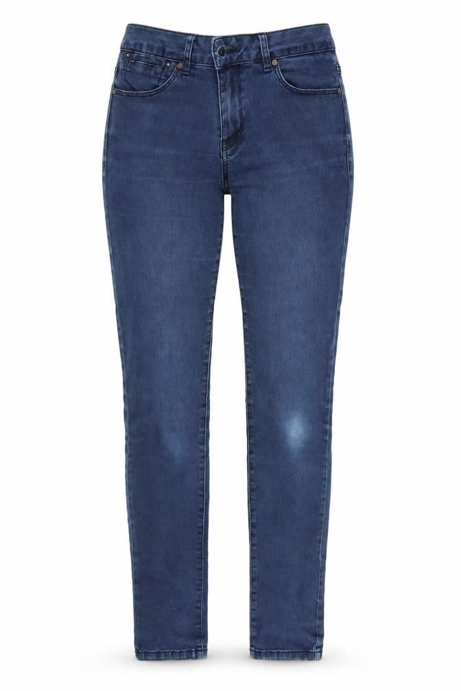 Front view of women’s blue skinny jeans, size UK 10, 29-inch leg