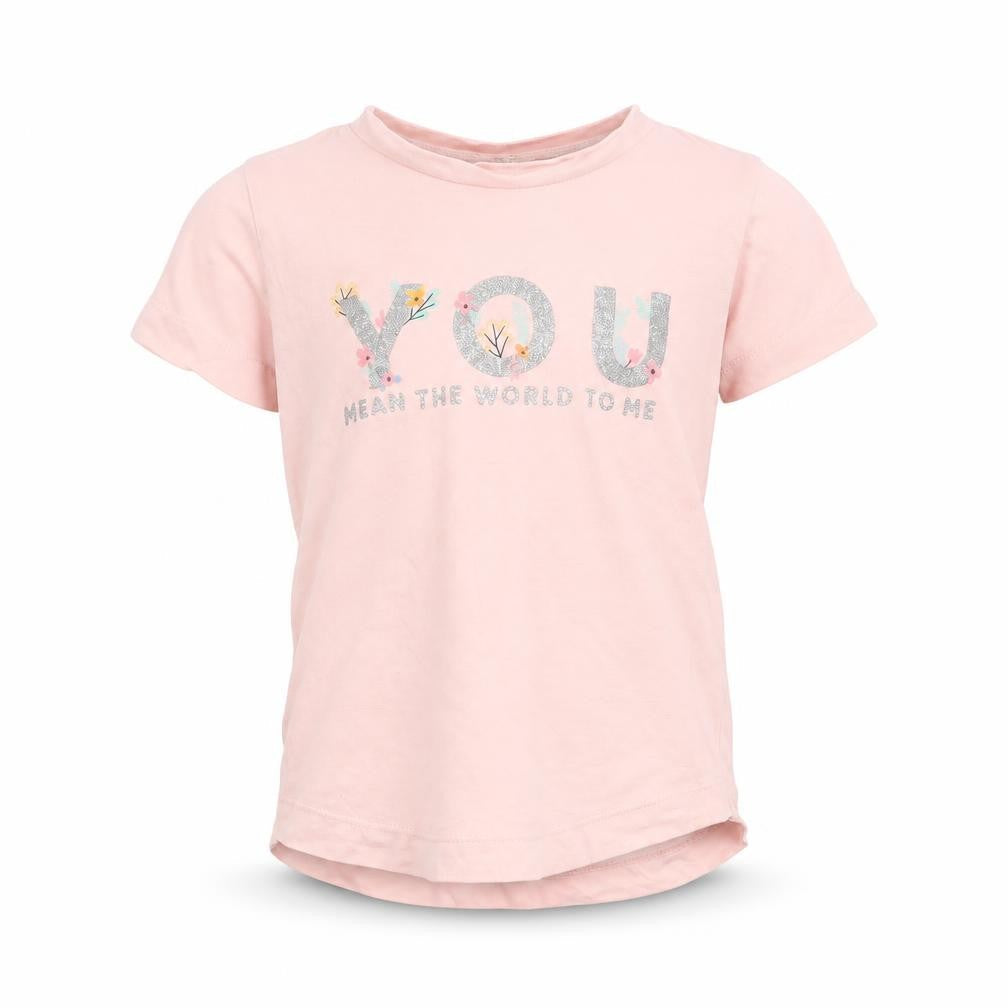 Front view of Matalan girls’ pink basic t-shirt, size 6, years - you mean the world to me